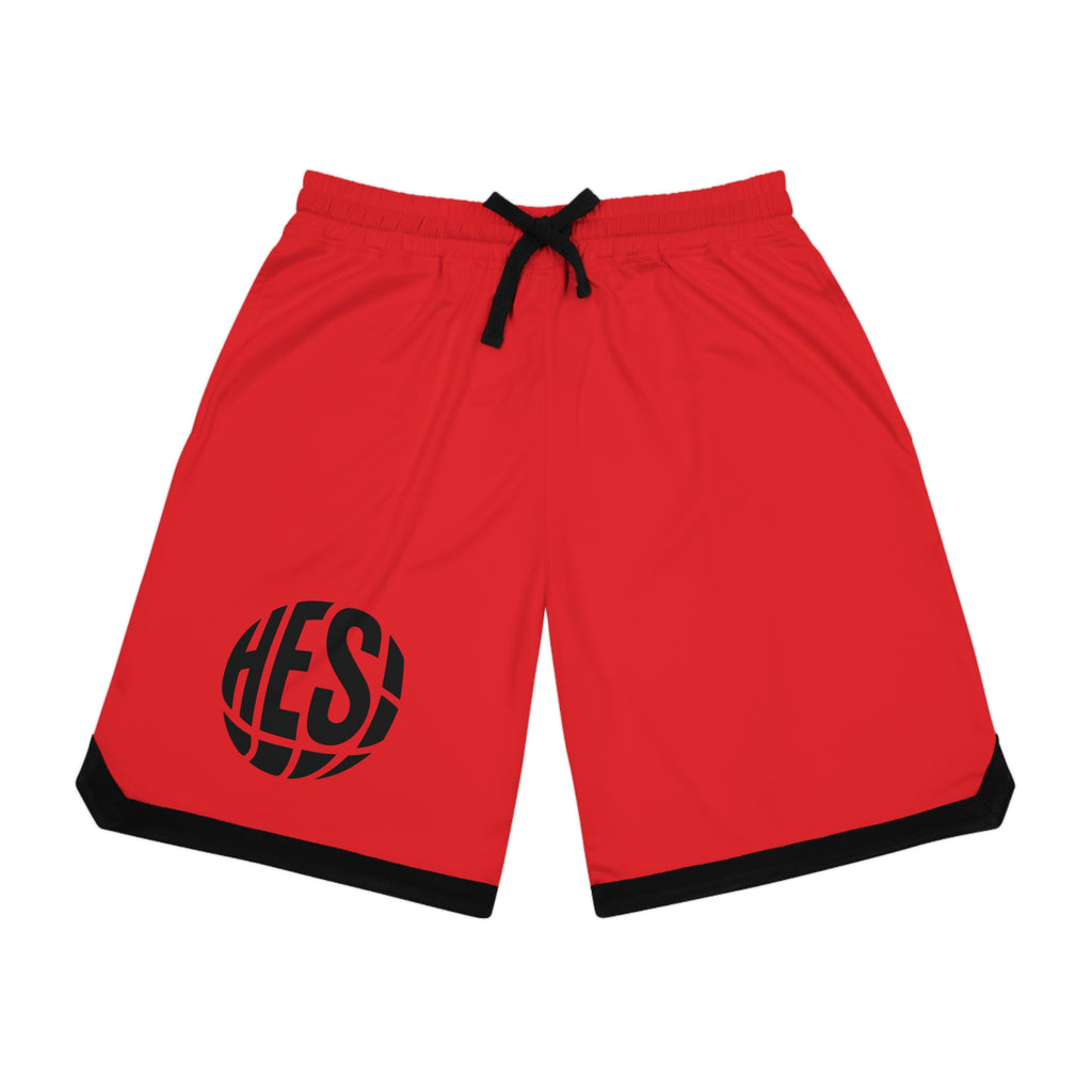 Basketball Shorts – Red Performance Ribbed AOP with Bold 'HES!' Hoop Logo