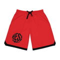 Basketball Shorts – Red Performance Ribbed AOP with Bold 'HES!' Hoop Logo