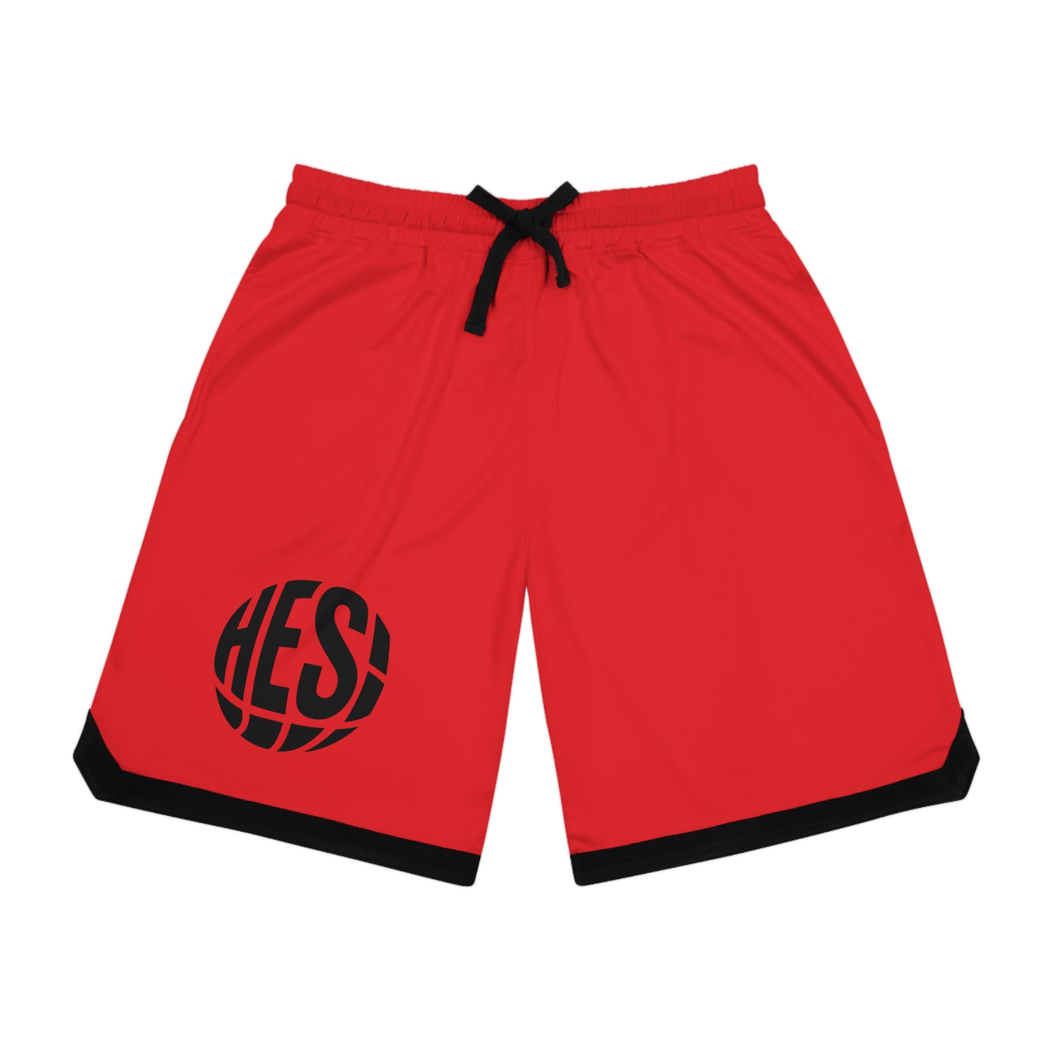 Basketball Shorts – Red Performance Ribbed AOP with Bold 'HES!' Hoop Logo