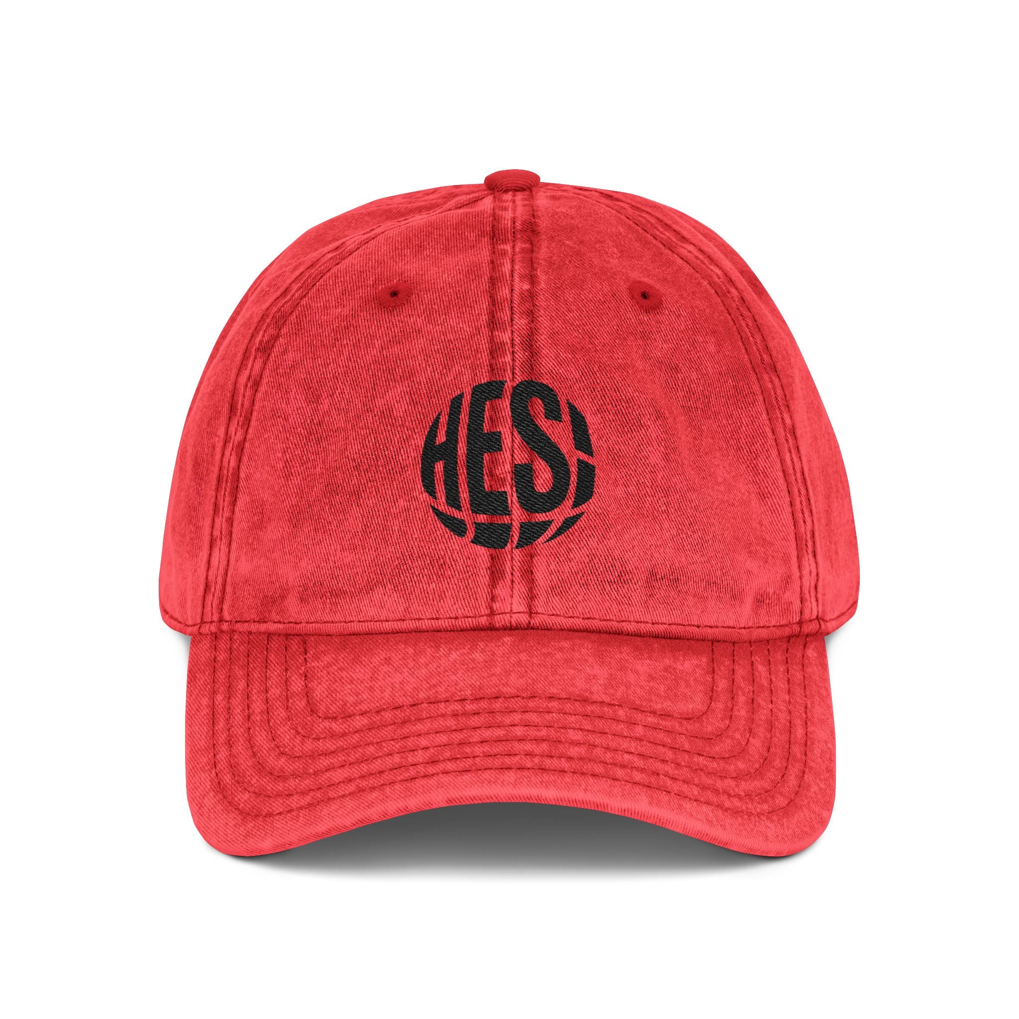 Vintage Embroidered Baseball Cap — Distressed Red with 'HES' Logo