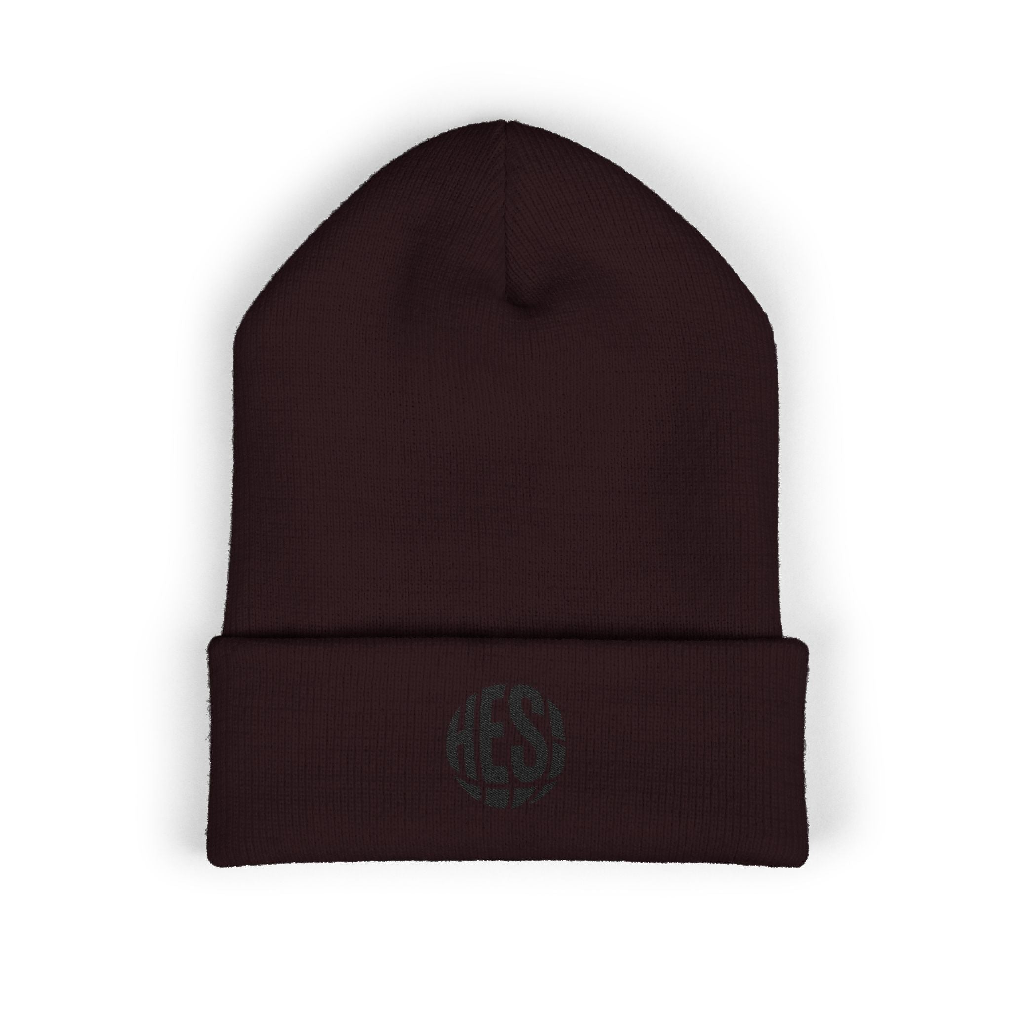 Embroidered 'HES' Classic Cuffed Beanie — Minimal Logo Knit Hat