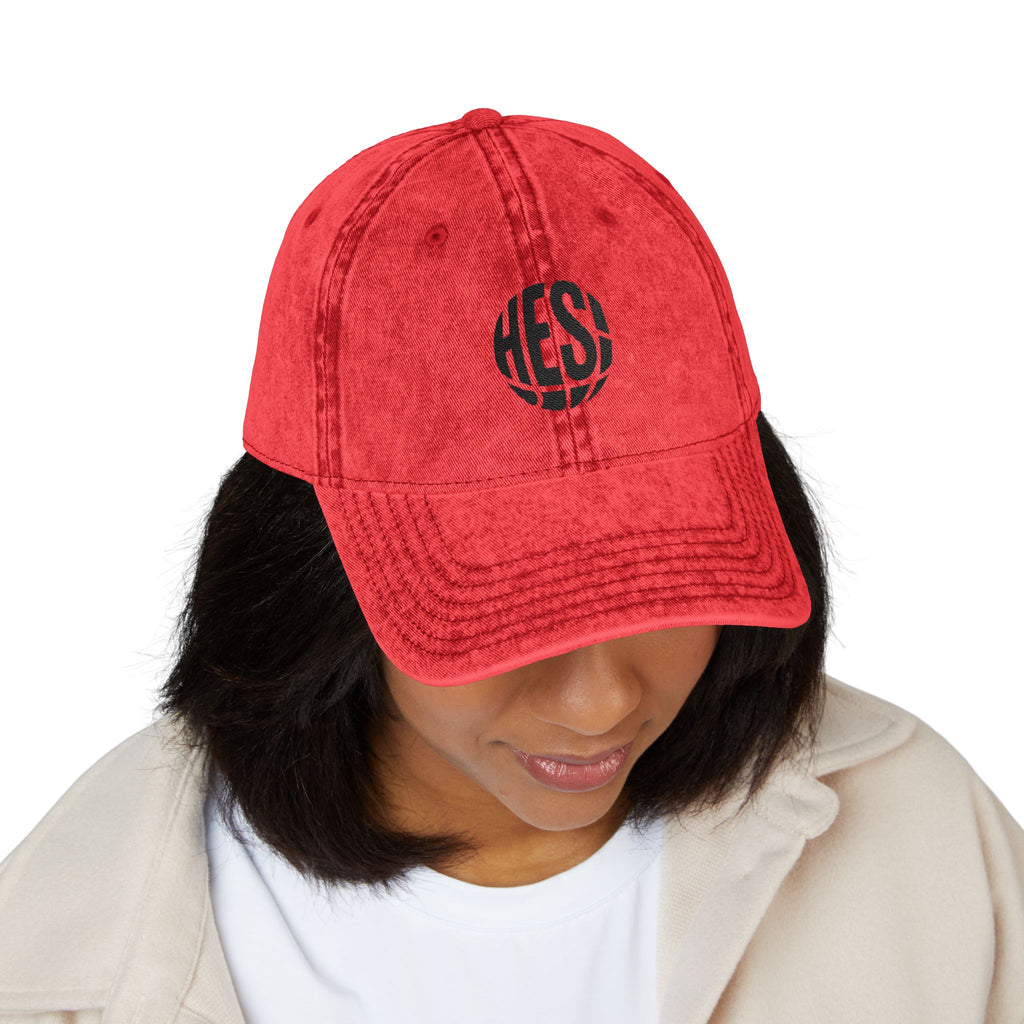 Vintage Embroidered Baseball Cap — Distressed Red with 'HES' Logo