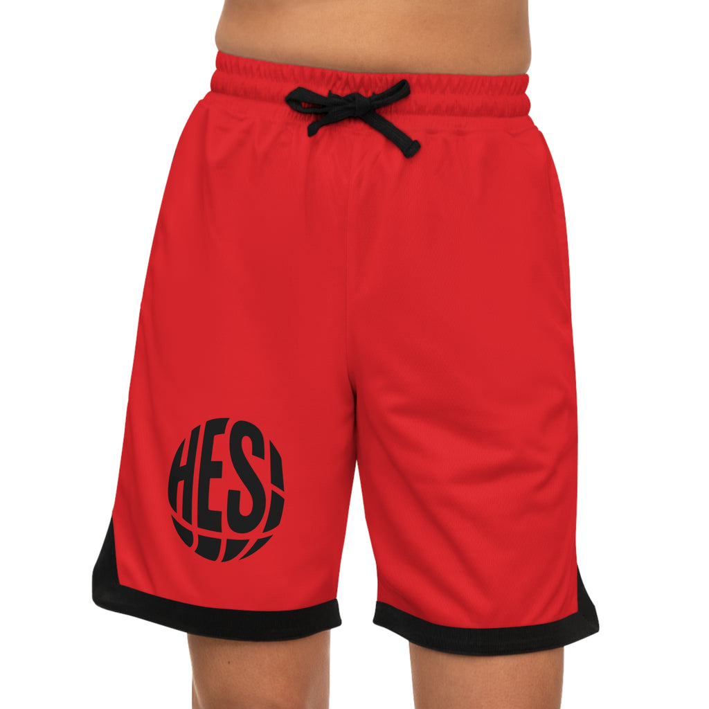 Basketball Shorts – Red Performance Ribbed AOP with Bold 'HES!' Hoop Logo